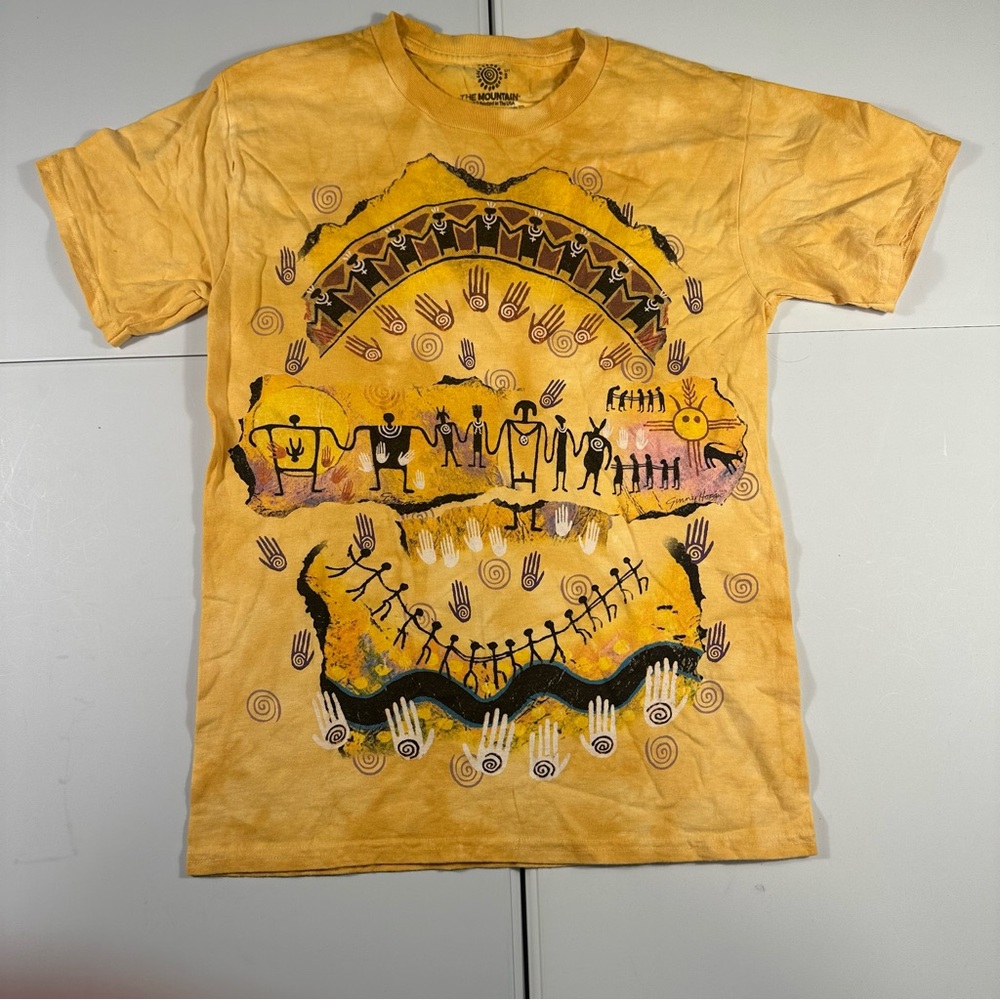 The mountain “we are all related” Jenny hogan world peace tie dye yellow shirt S